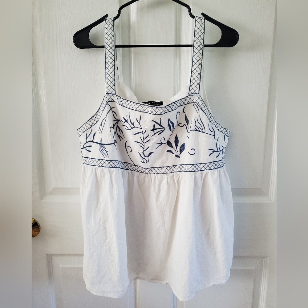 SHEIN Smocked Embellished White and Blue Tank Top #MP